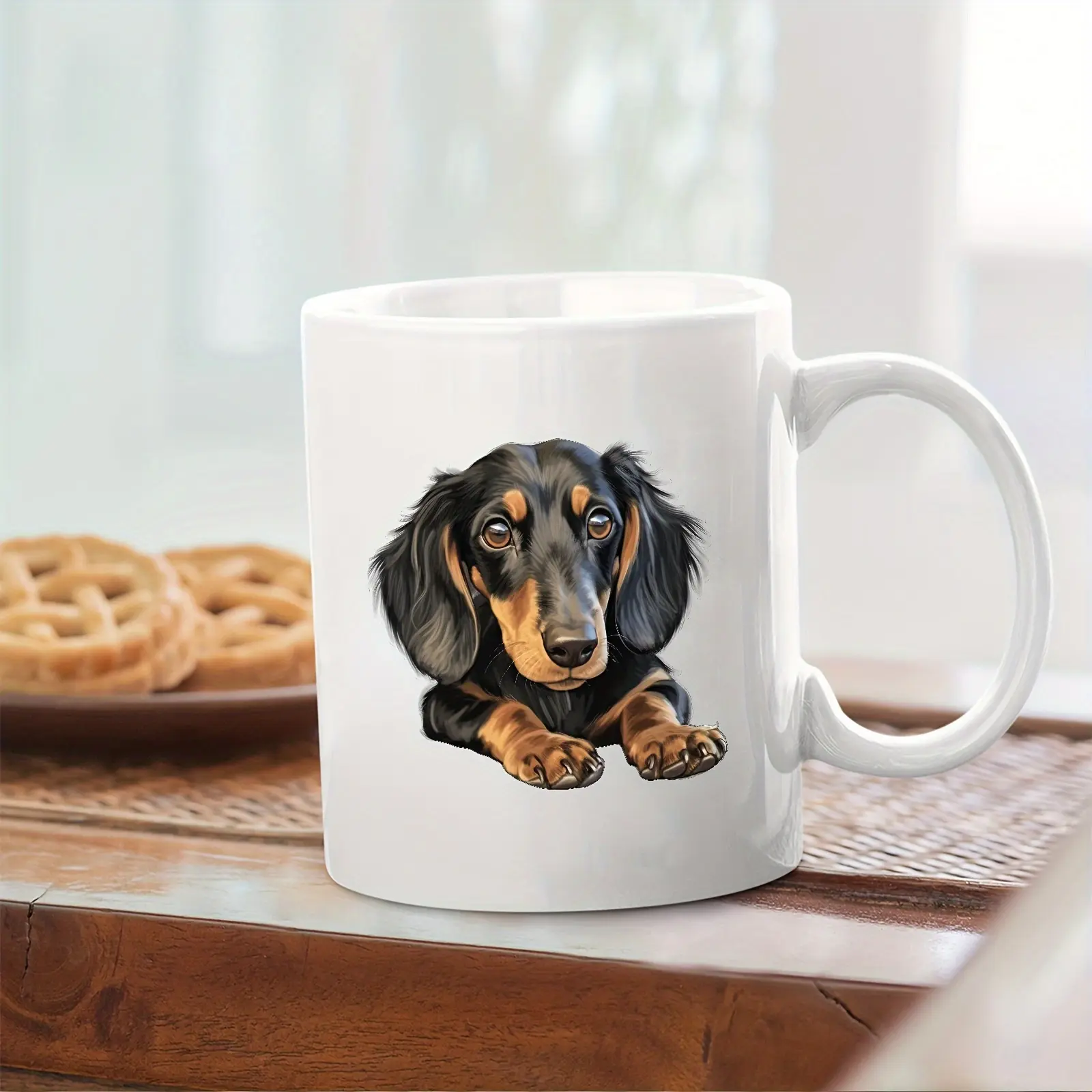 Dachshund Watercolor Ceramic Coffee Mug - Black and Brown Dog Design, Dishwasher & Microwave Safe, Drink-Friendly Kitchenware - Ideal Gift for Dog Lovers, 11 Ounces