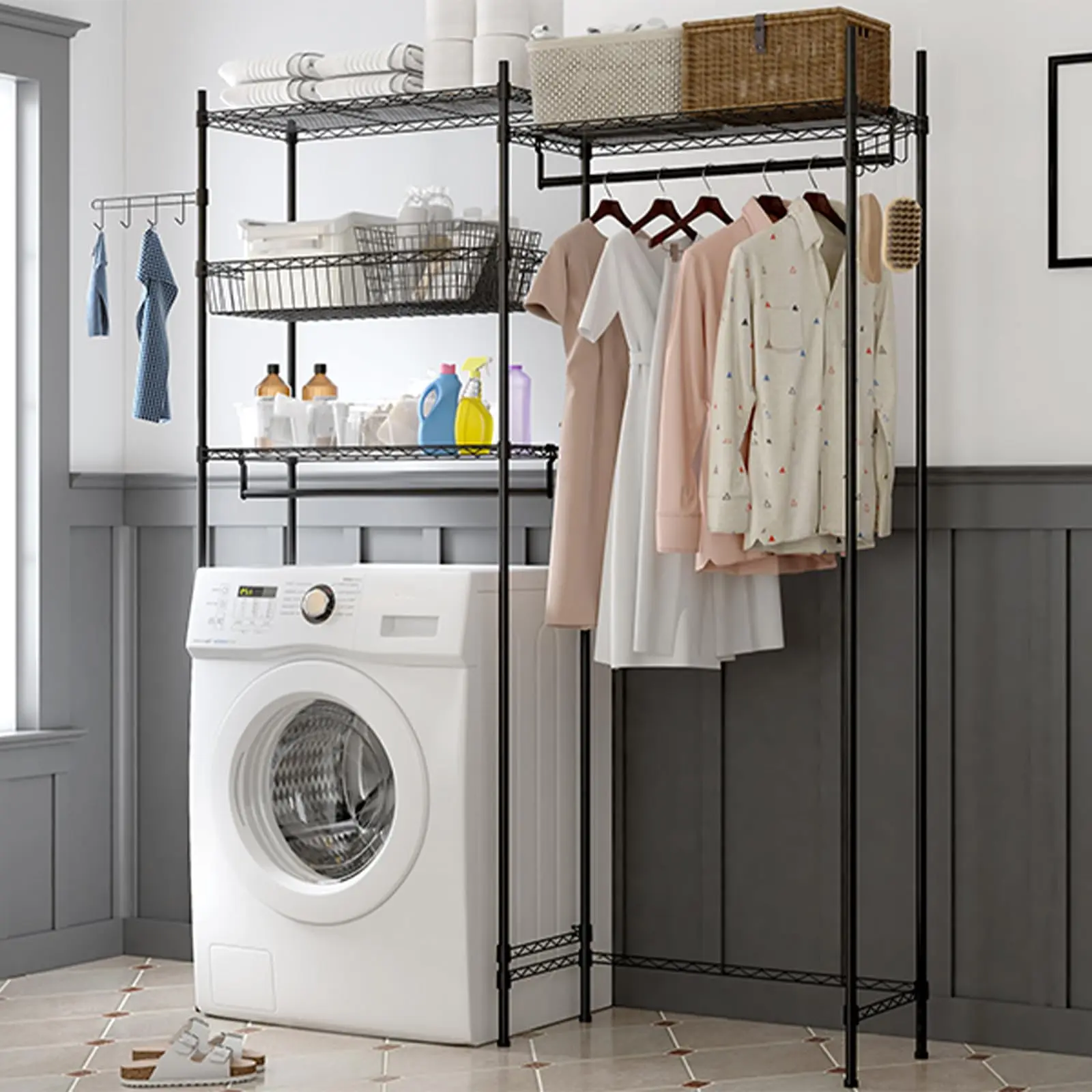 Garvee Over Washer and Dryer Shelves, 75"H Heavy Duty Laundry Room Storage Organization Rack, 4 Tier Adjustable Clothes Drying Rack with Wire Basket, Hanger Rod & Hook, Space Saving Shelf