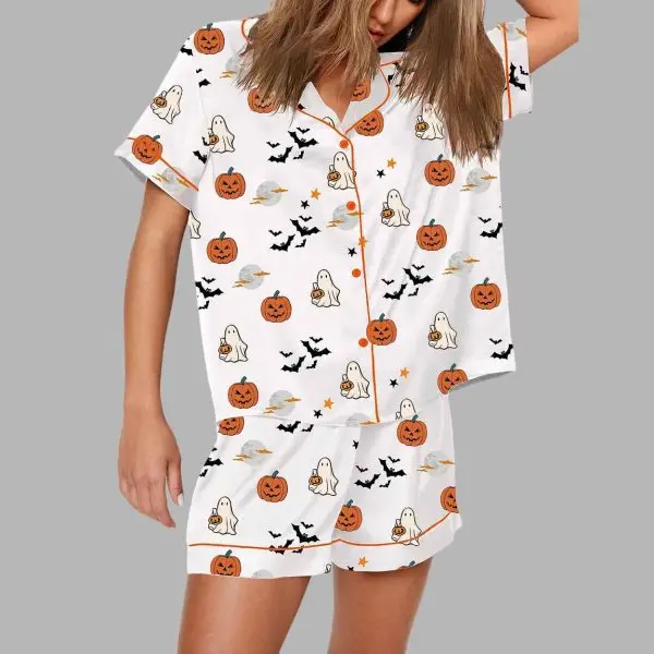 Spirit Halloween Inspired Pumpkin Boo Pajama Set for Women, Cute Spooky Sleepwear and Loungewear