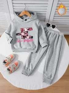 Girls' Fall Winter Witch Hunter Corps Fleece Set, Casual Fashion Set, Cute Hoodie & Jogger Pants, Cartoon Print, Warm Comfortable