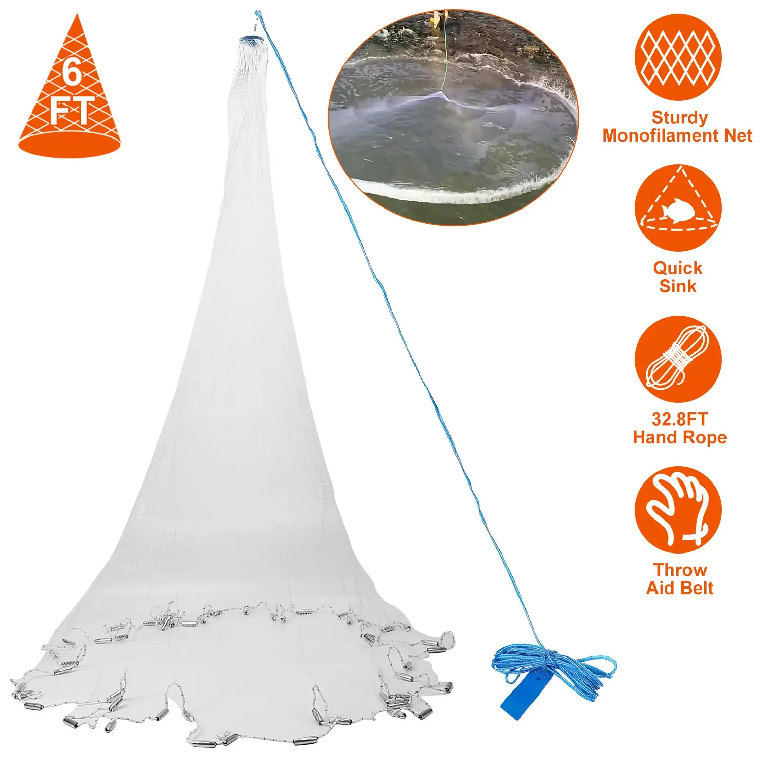 6FT,8FT Radius Hand Throw Fishing Cast Net, Heavy Duty Easy Throw Bait Casting Net with Chain Sinker, Wide Bottom Spread Mesh Fishing Trap for Outdoor Angling (3/8" Mesh),summervibers