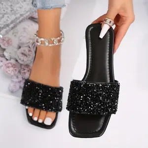 Women's Slippers Trendy Rhinestone Slides Square Toe Indoor Outdoor Shoes Flat Heel for Modern Style