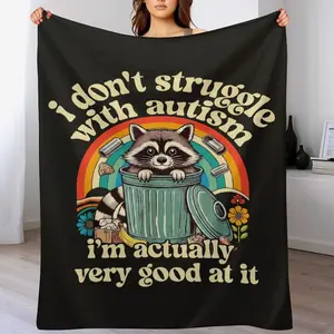 Autism Awareness Raccoon Meme Blanket, Retro Groovy Neurodivergent Pride Gift, Soft Flannel Fleece Throw Blanket for Couch Bed All Season