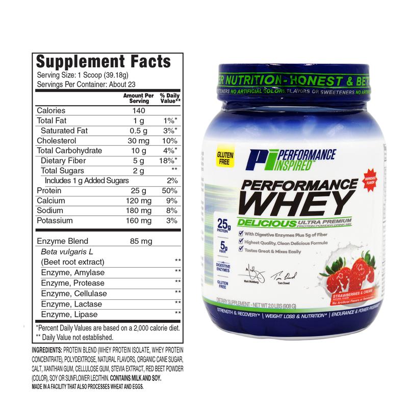 Performance Inspired Performance Whey Protein Powder - All Natural 25G - Contains BCAAs Digestive Enzymes Fiber Packed Gluten Free 2lb - Healthcare