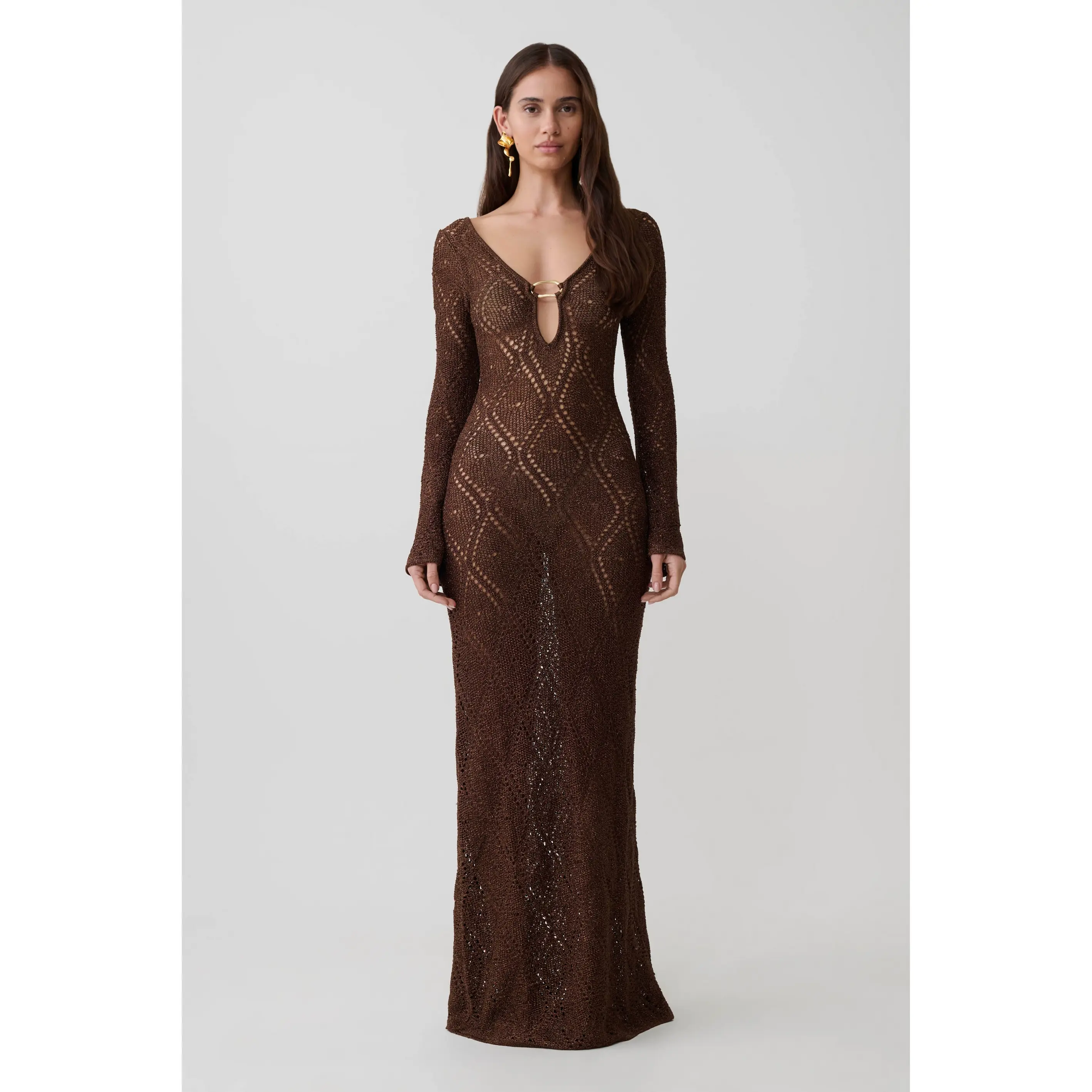 Chelsea Lurex Crochet Maxi Dress - Bronze