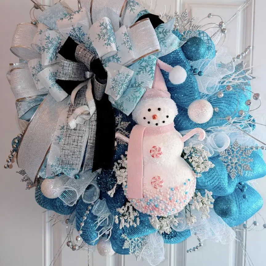 Snowman Wreath, Blue, White & Silver Winter Decor (27")