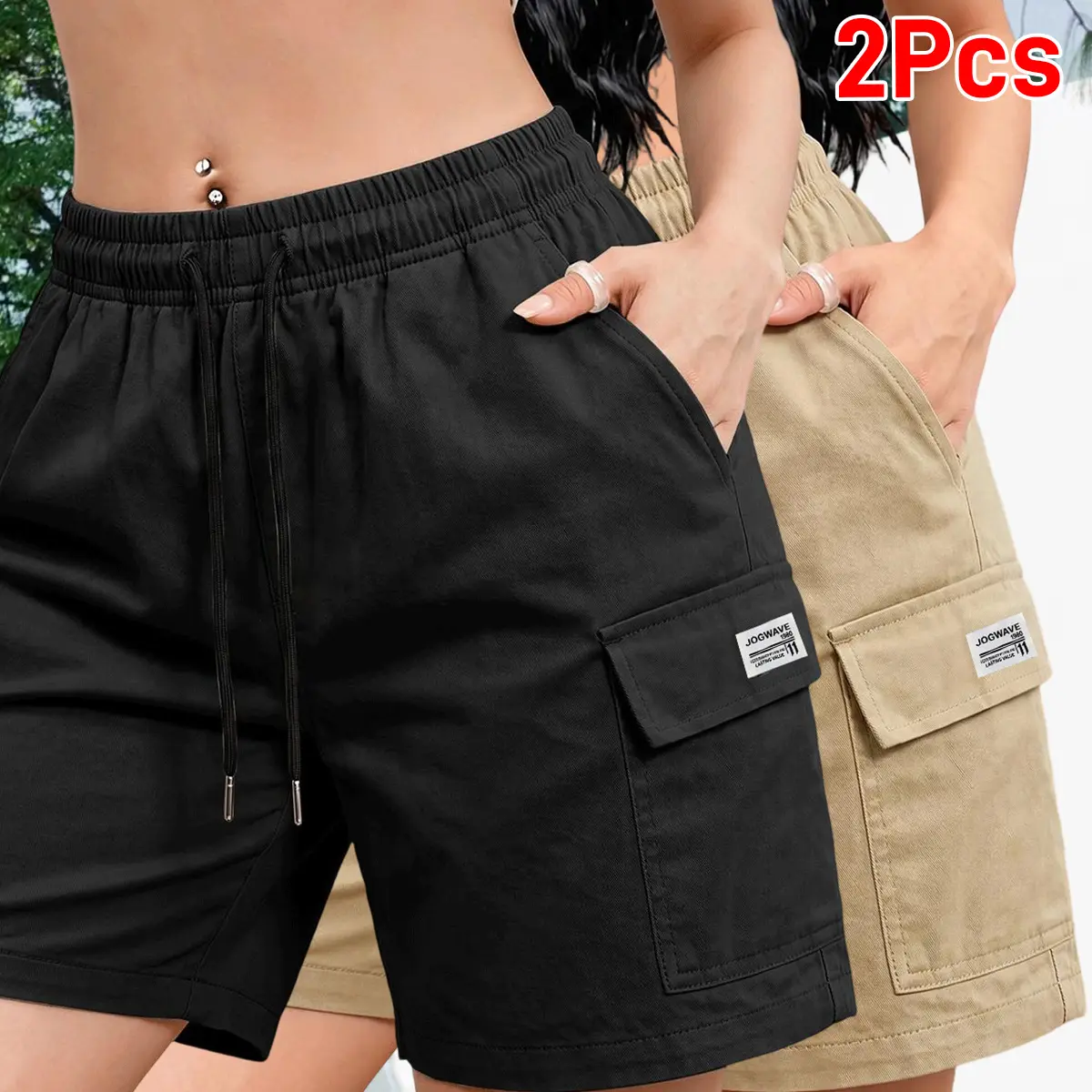2PCS lightweight, breathable summer women’s cargo pants featuring an elastic drawstring waist and multiple storage pockets.Perfect for outdoor travel, stylish street looks, and everyday casual wear. women shorts cargo short