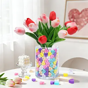 Valentine's Day Decorations-15 Artificial Tulips with 240 Conversation Hearts Vase Filler Set, Sweet Floral Arrangement Valentines Decor for Home, Mantel W