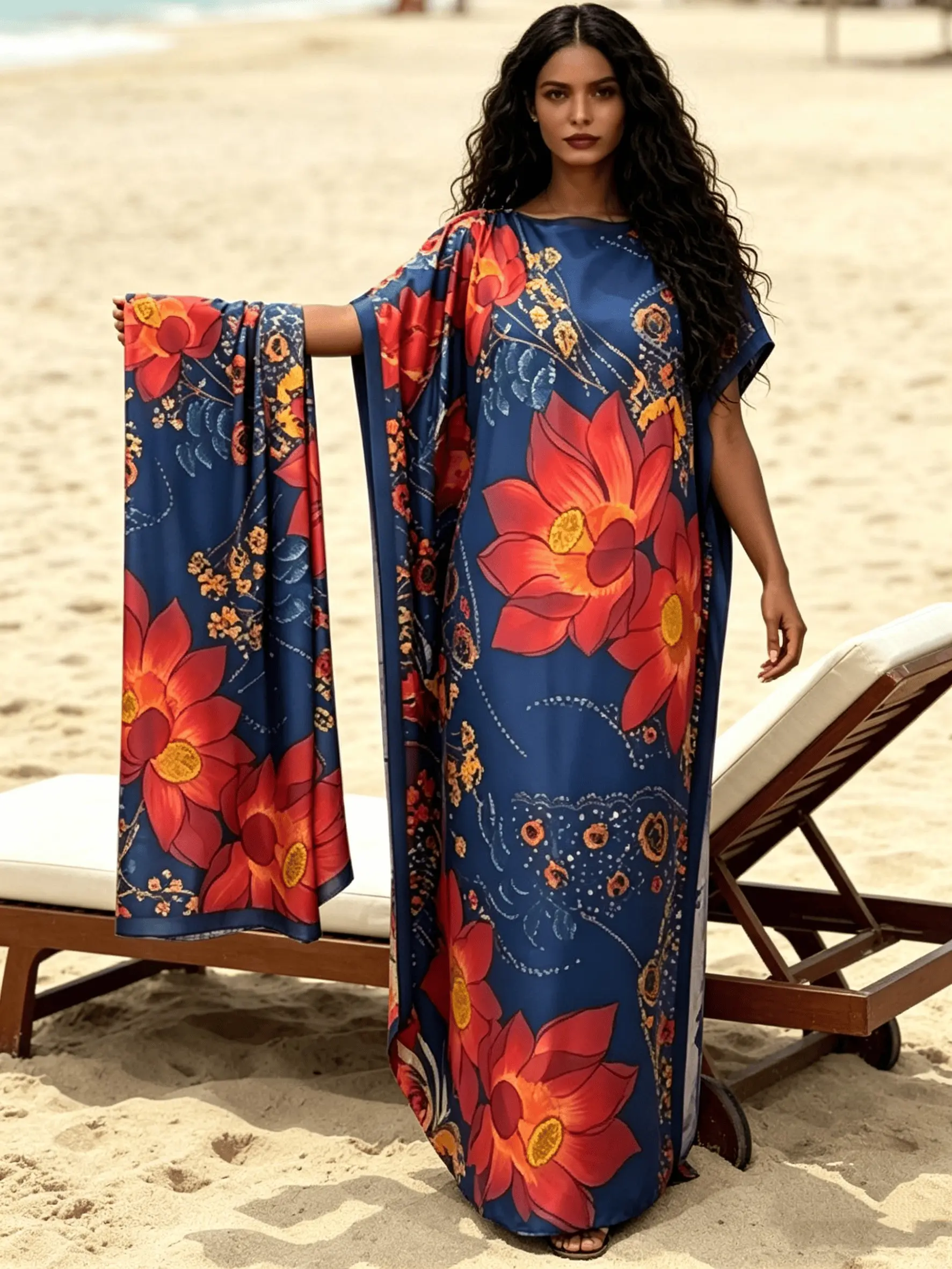2026 New Women's 2 Piece Navy & Red Floral Print Kaftan Maxi Dress with Matching Scarf, Silky Loose Pleated Robe, Plus Size Friendly, Summer Beach Cover Up, Casual Wear, Resort Vacation & Evening Party Wear