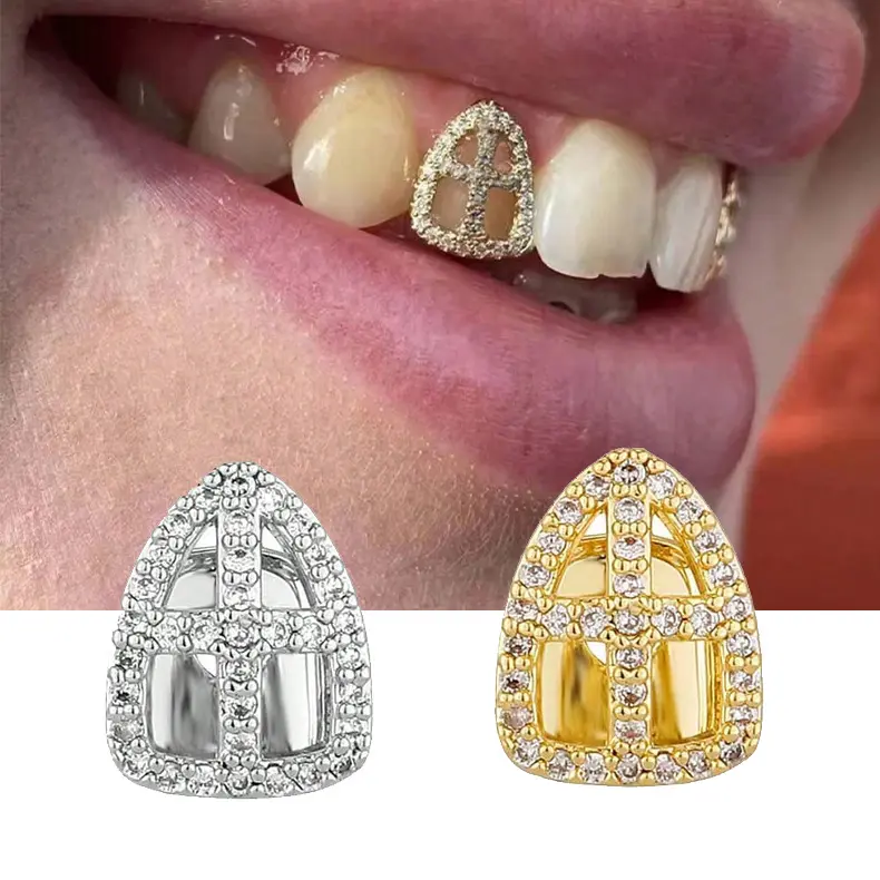 Single-piece cross-shaped hip-hop denture with diamond inlay and full zirconia, HIPHOP fake teeth, Halloween accessory