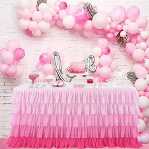 6ft Pink Tutu Tulle Table Skirt for Rectangle Round Tables Chiffon Table Cloth for 1st Birthday Baby Shower Girls Parties Cake Dessert Table Decorations Ruffle Table Skirting