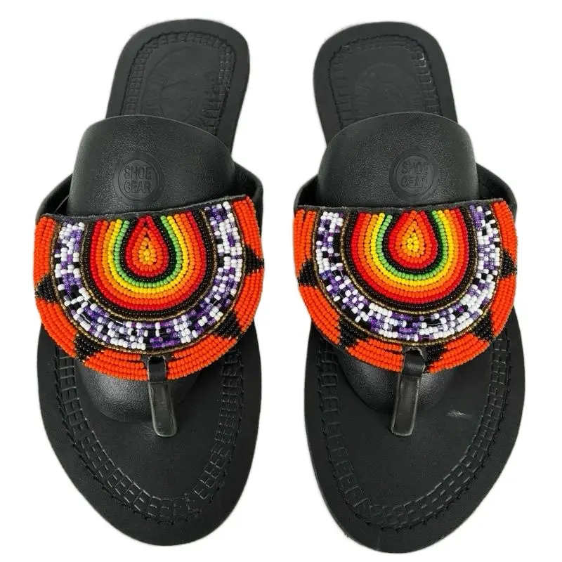African Colorful Beaded Leather Sandals with Rainbow Beads and Black Sole