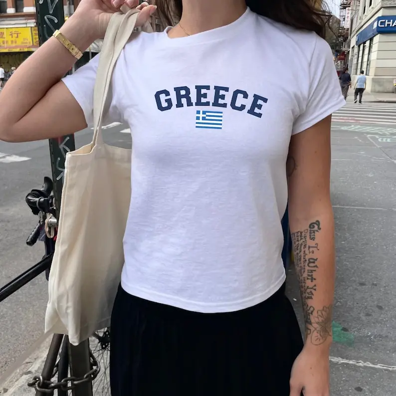 Greece Baby Tee, Greece Flag Graphic Shirt, Soccer Fan Women's Top