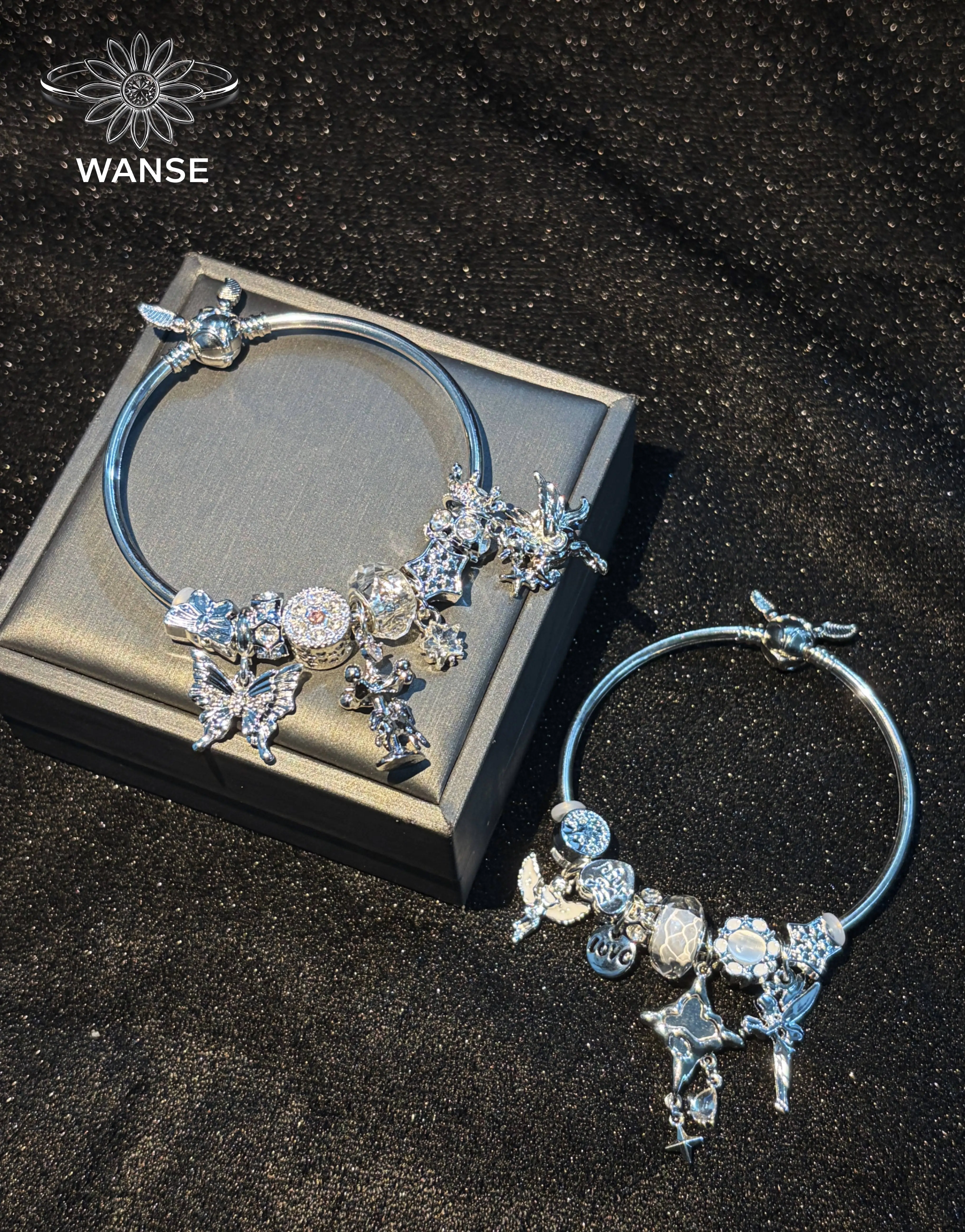 Silver Tone European Large Hole Bead Charm Bangle for Women, Sparkling Rhinestone Butterfly & Fairy Star Pendant Adjustable Bangle, Whimsical Hand Jewelry Gift for Birthday Anniversary