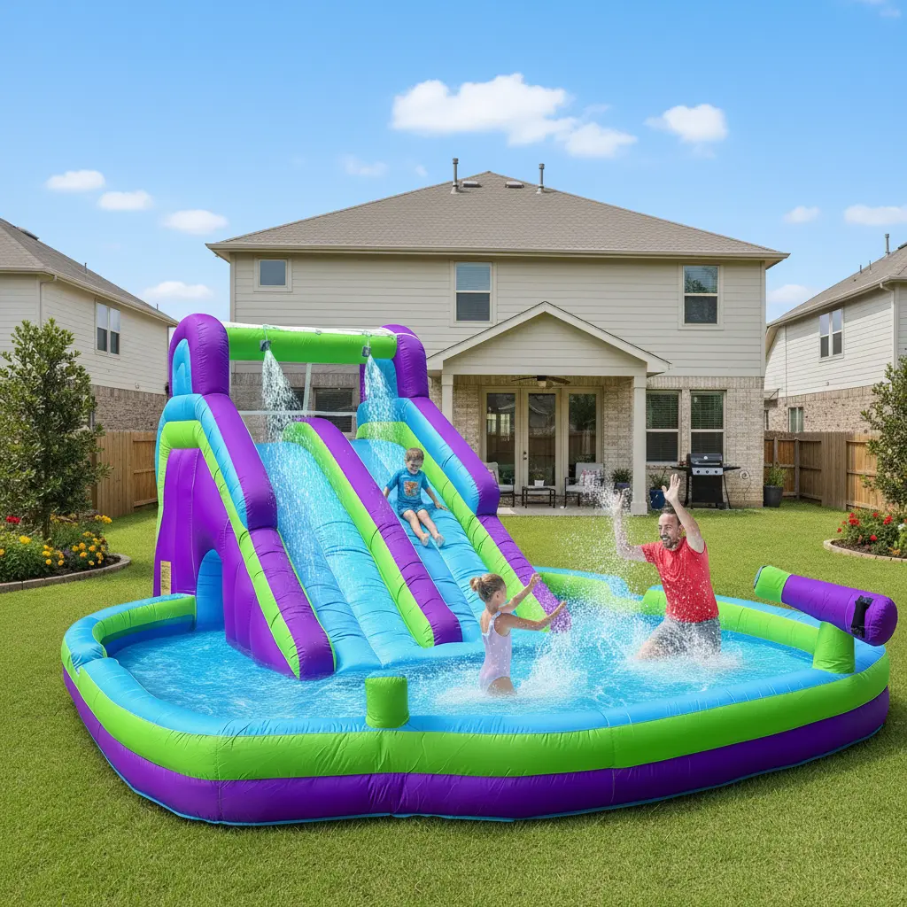 Inflatable Water Slide Purple Green Kids Inflatable Double Water Slide With Climbing Wall Large Splash Pool Backyard Water Park Summer Water Play Fun Swimming Pool Store Wet Dry Combo Water Slide Water Slide Backyard Party Summer Splash Fun