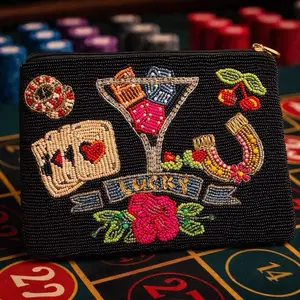 Lucky Beaded Clutch Purse 7x5, Zipper Mini Evening Bag for Vegas, Casino Night, Bachelorette, Girls Trip