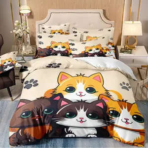 3-piece duvet cover set with cartoon cat pattern, using 3D digital printing technology, suitable for bedroom and guest room home décor (1 duvet cover, 2 pillowcases, duvet insert not included). Machine washable, zippered.
