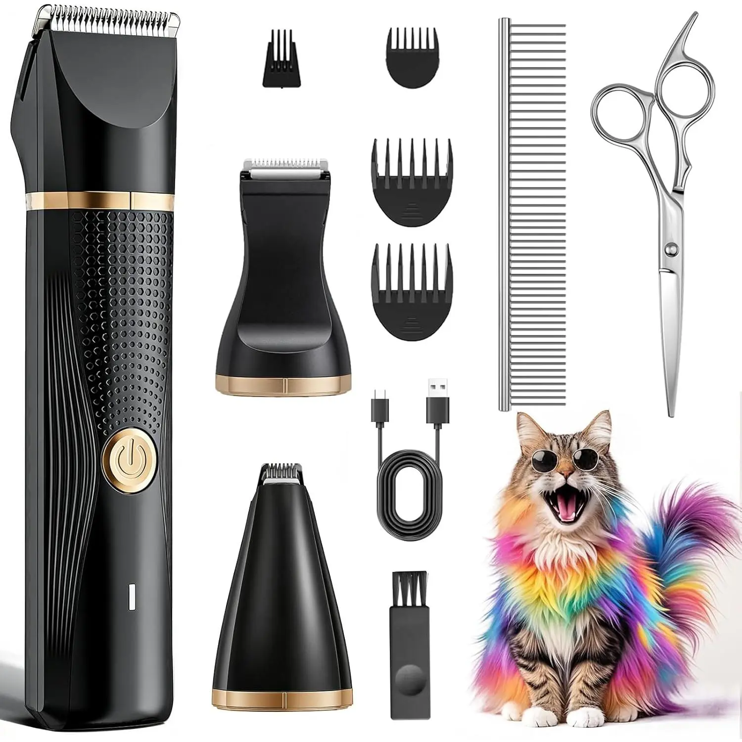 Cat Grooming Clipper Set, with Paw Trimmer, 3-in-1 Electric Pet Hair Trimmer, Suitable for Thick Hair, Dense Fur, Butt Trimmer, Home Use Cat and Dog Hair Trimmer (Black)