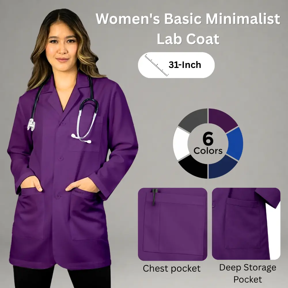 31-Inch Unisex Consultation Lab Coat in Poly-Cotton Fabric with Full Sleeves & 3 Pockets - Lightweight Medical Uniform Workwear, Uniforms, Fitted, Everyday, Comfortable, Breathable, Simple
