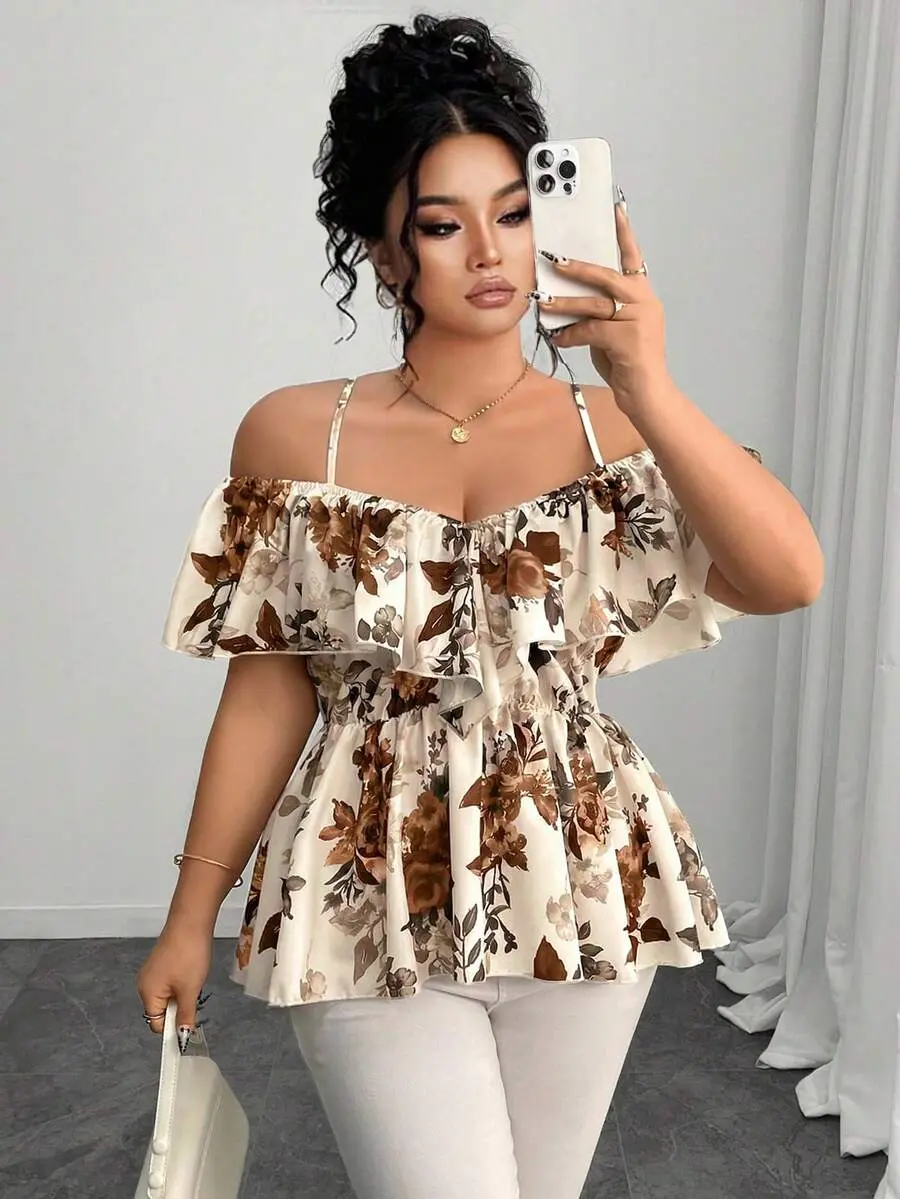 Plus Size Off-Shoulder Blouse Ruffle Hem A-Line Cold Shoulder Top for Brunch and Dinner