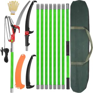 Heavy Duty 30Ft Manual Pole Saw & Extendable Pruner Set - 9 Fiberglass Handles, Retractable Long Branch Pruner with Scissors, Portable Tool Kit in Tool Box for Backyard/Garden + Hose Reel & Cutting Chipper Machine for Home Use Pole Pruner