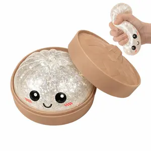 Kawaii Glitter Dumpling Squishy Toy Soft Sensory Squeeze Decompression Mega Rainbow Dumpling with Steamer Box Stress Relief Hand Fidget Toy Office Desk Decor