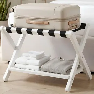 Luggage Rack for Guest Room, Folding Luggage Stand & Suitcase Holder,Suitcase Stand, 5 Heavy-Duty Straps,Holds up to 165 Lbs, Heavy Duty Luggage Rack for Bedroom Hotel, White, HLR013W1