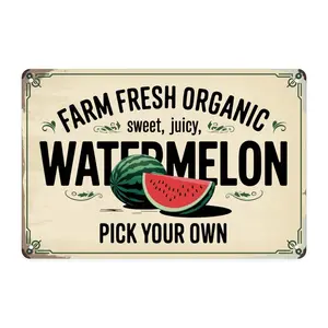 Farm Fresh Watermelon  Tin Sign， Vintage Summer Fruit Metal Sign Print Aesthetic Room Decoration for Home Bedroom Kitchen Dorm Bathroom Wall Decor 8 X 12 in