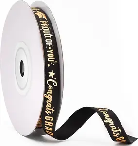 2024 Graduation Ribbons - Graduation Party Decorations Graduate Gifts Wrapping Grosgrain - Congrats Grad Satin Leis Black & Gold 0.37 Inches x 15 Yards