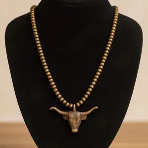 Longhorn Necklace with Beaded Chain and Bull Head Pendant