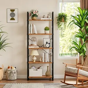 Sweetcrispy 5 Tier Bookshelf With X Frame Support, 30 Lbs Per Shelf Heavy Duty Storage Rack, Waterproof Wood Board And Adjustable Feet, For Living Room Home Office And Bedroom