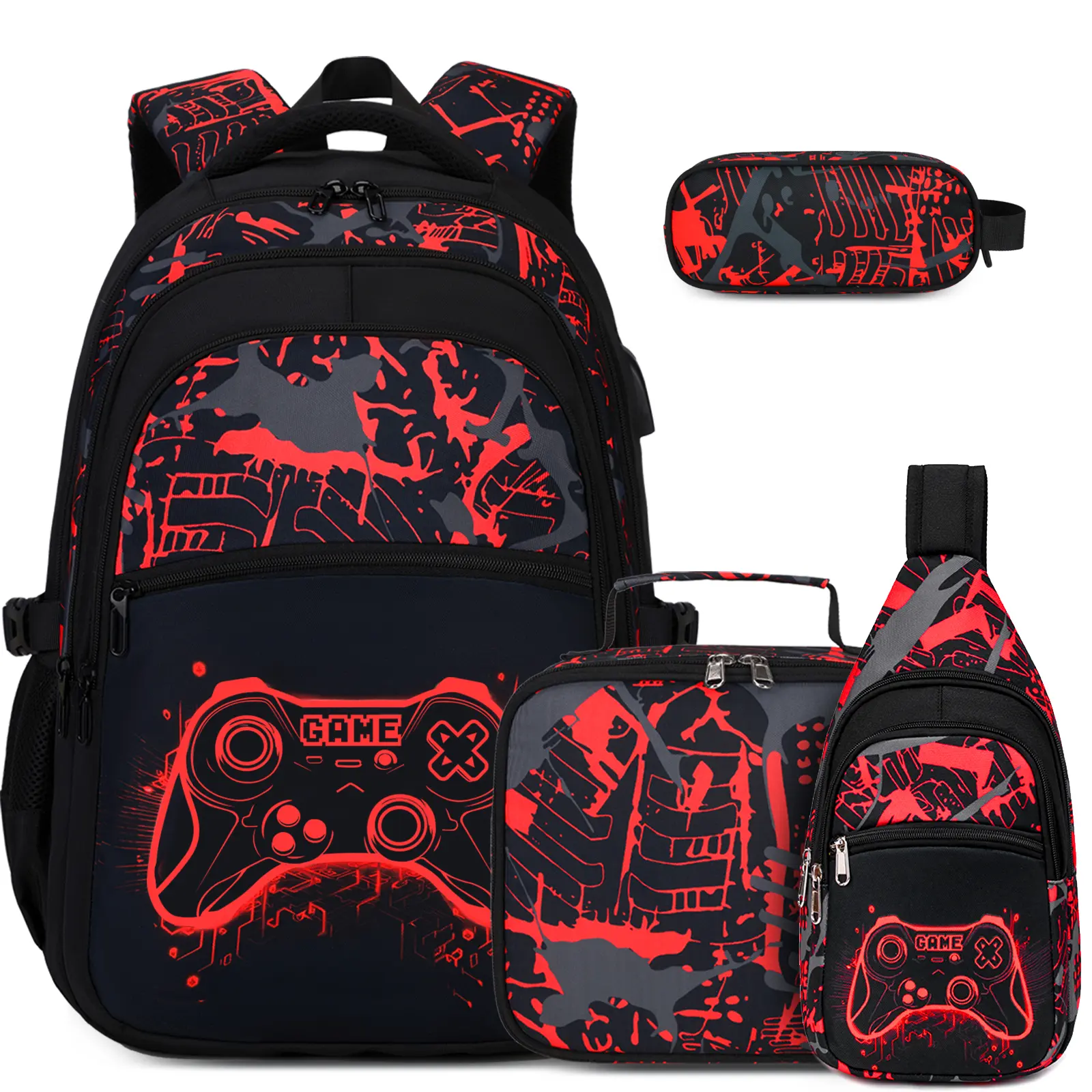 4PCS[3PCS+chest bag]-Red Print