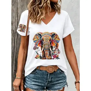 1PC Vintage Paisley Pattern Animal Elephant Print New Y2K Style Single Sleeve Printed Women's Sportswear Summer Elegant Comfortable Breathable V-Neck Short Sleeve Casual Versatile Top T-Shirt