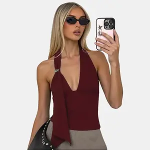 Women's Halter Neck Deep V Sleeveless Crop Top 2026 Spring Summer New Arrival Side Sash & Metal Buckle Detail Edgy Y2K Style Date Nights Street Looks Casual Outings Stylish Slim Fit Top