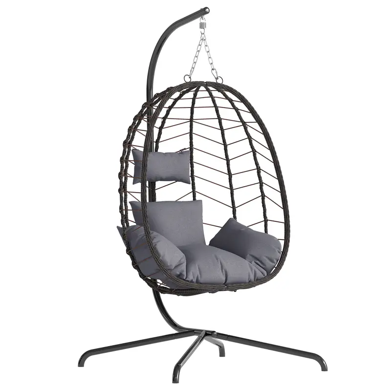 Patio Swing Egg Hanging Chair with Stand, Foldable Wicker Rattan Chair with Cushion, Pillow Holder for Indoor Outdoor Patio Garden Balcony,Summervibes