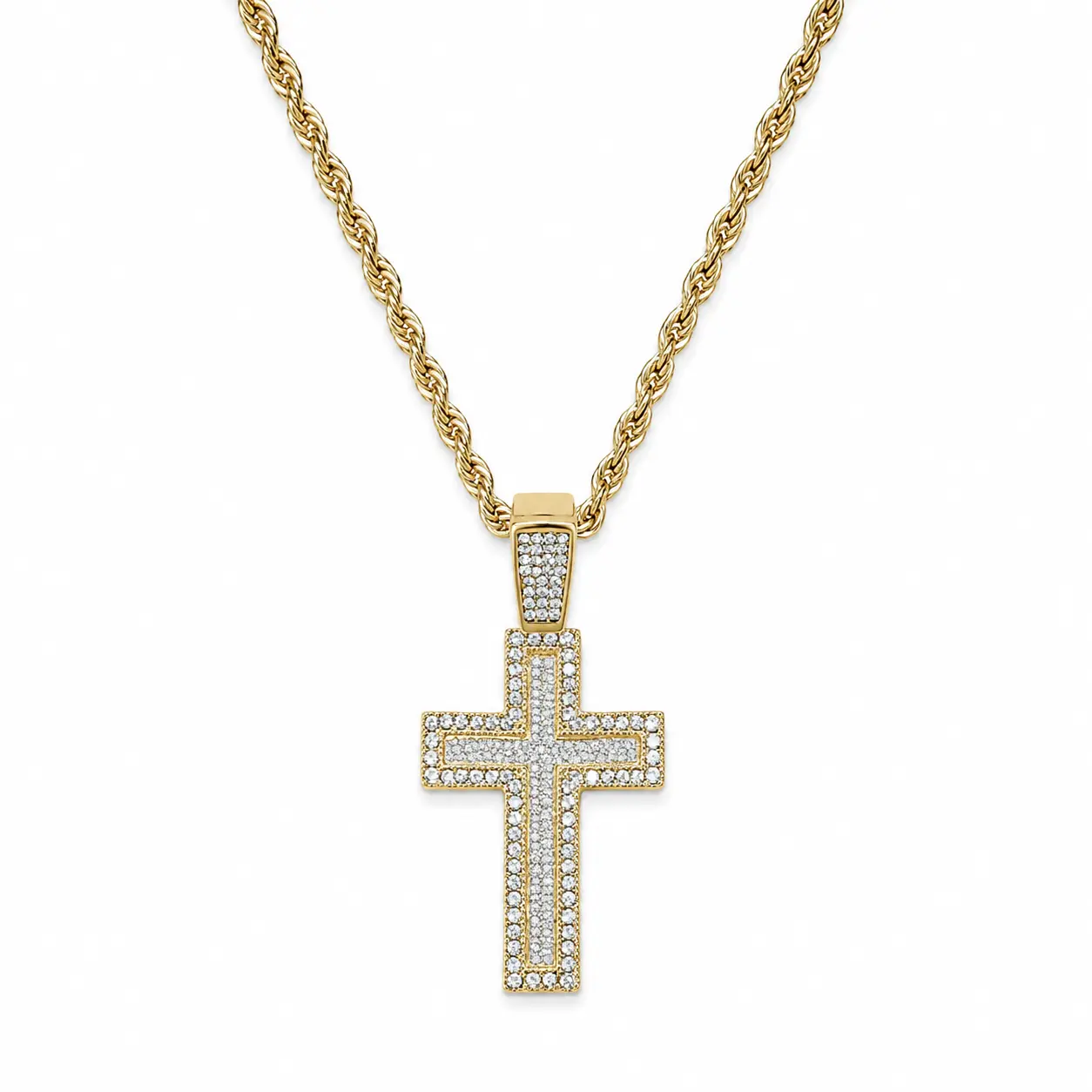 Gold Cross Pendant Necklace with Rhinestones on a Rope Chain