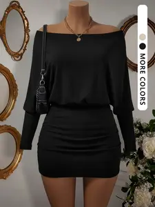 Women's Off-Shoulder Pleated Bodycon Dress, Long Sleeve Skirt, Perfect for Holidays, Parties, Daily Wear, Fashionable, Chic & Comfortable