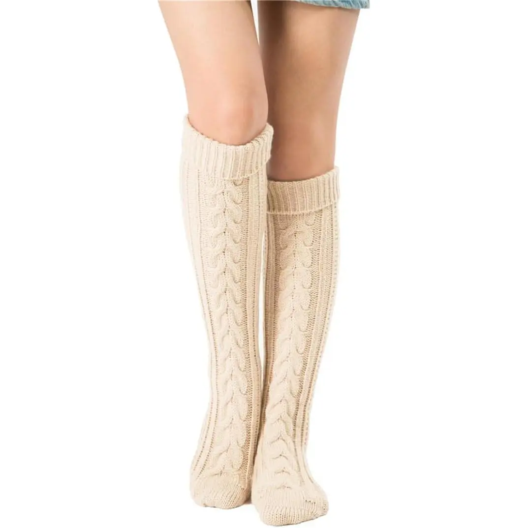 Women's Acrylic Cable Knit Knee-High Winter Leg Warmers, Female Sports Socks, Ideal Gift for Wife, Girlfriends, Daughter, Lady