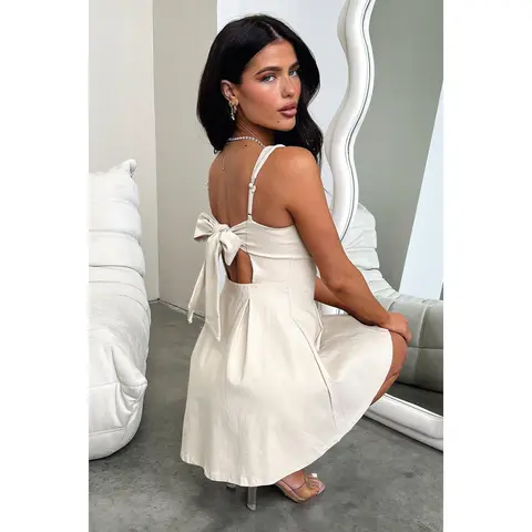 Thats So Fetch Women's Basic Fitted Bransley Casual Cotton Blend Dress - Beige, Sleeveless, Square Neckline, Adjustable Straps, Flirty A-Line Skirt, AU 6/US 2, Modern Vibe Casual Dress for Women