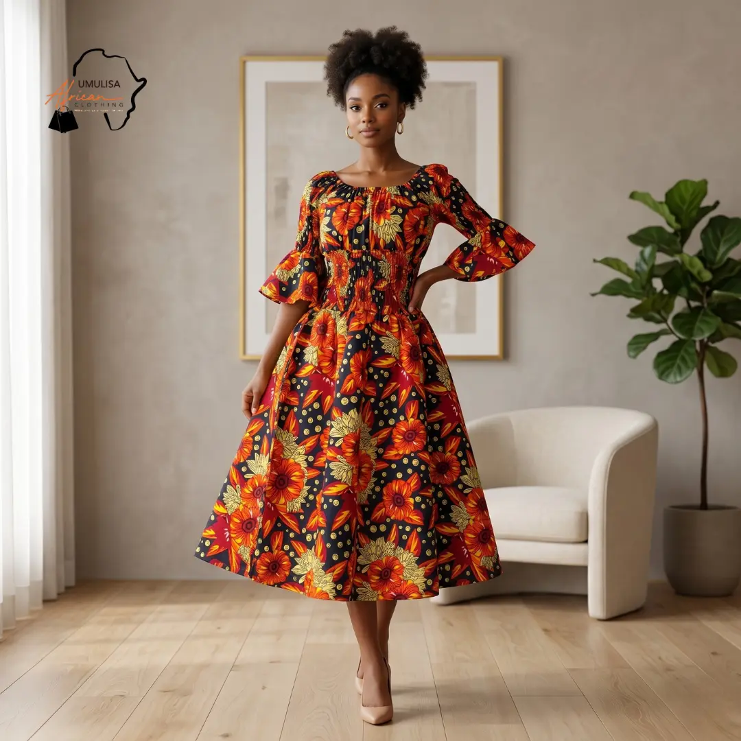 Red Swirl Off Shoulder Dress  - Elegant Red African Print Off Shoulder Midi Dress for Women, Ankara Fit and Flare Dress with Bell Sleeves, Wedding Guest Afro Chic Clothing, Stylish African Fashion for Church, Dinner, Vacation and Celebrations