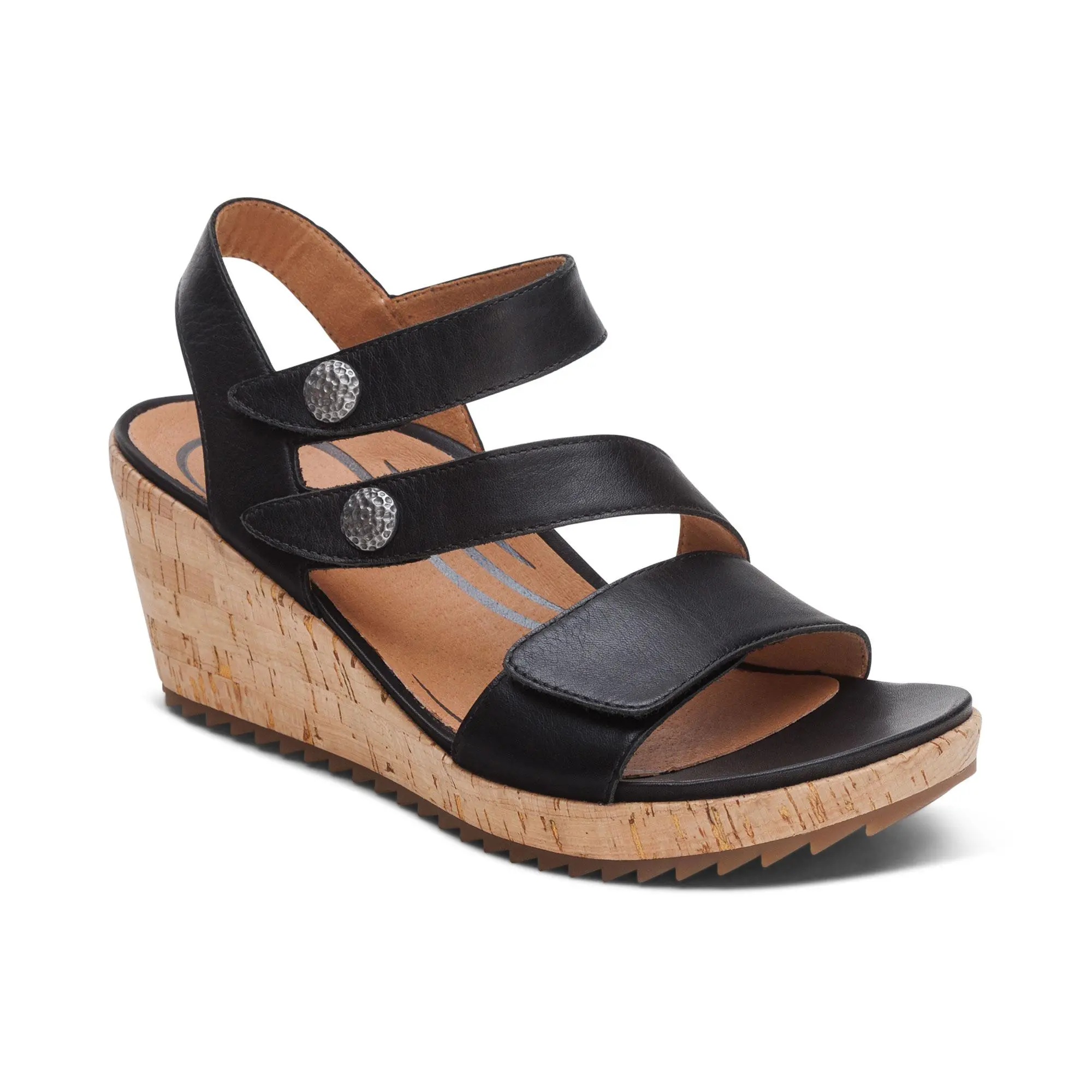 Aetrex Madelyn Quarter Strap Wedge - Black | Women's Orthotic Wedge Sandals with Arch Support & Comfort, Rubber, Shoe