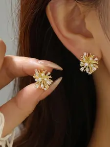 Elegant 3D Firework Zircon Earrings, Luxury Party Jewelry, Fashion Floral Studs, Plated Precious Metal, All Seasons Wear
