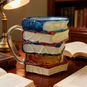 3D Painted Book Stack Glass Coffee Mug, 320ml Colorful Heat-Resistant Cup, Christmas & Holiday Gifts for Books Lovers, Readers, Writers, Librarians, Book Club and Bookworm Fans