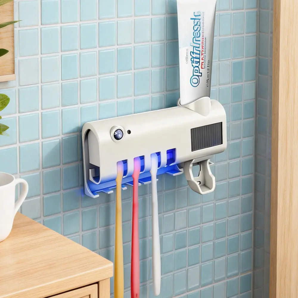 UV Sterilizer Smart Toothbrush Holder, No Drill Wall Mount 4-Slot Family Organizer with Automatic Toothpaste Dispenser & Motion Sensor UV Disinfection