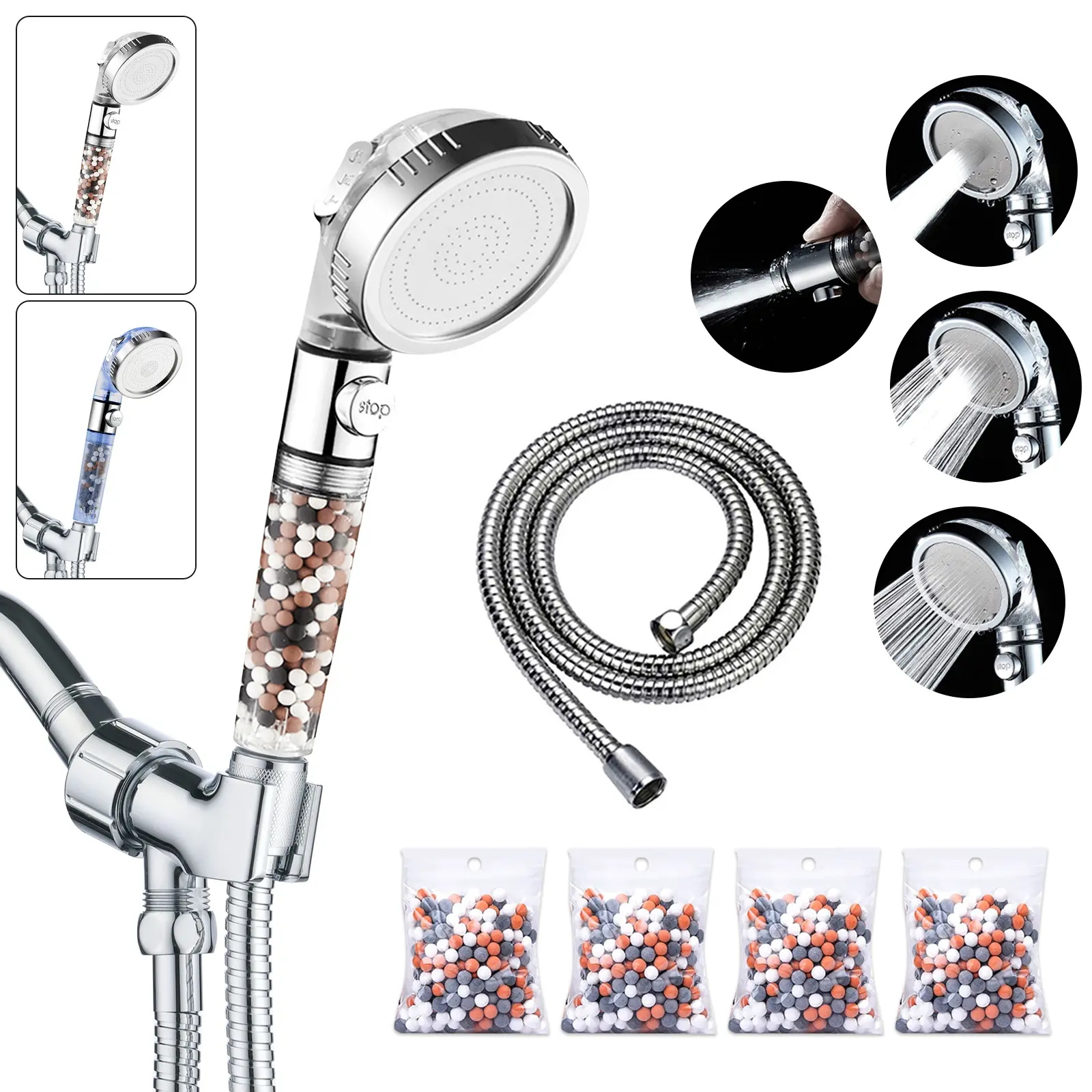 KAIYING Multi-Filter Anti-Clog Accessible Handheld Shower Head - High-Pressure, On-Off Pause Switch, Massaging Rainfall Jetting, Detachable, 5Ft Hose-Powered, Adjustable Angle Bracket, Water-Saving Zen Bathroom Fixture (Rainfall Showerheads), Anti-Clog Ha