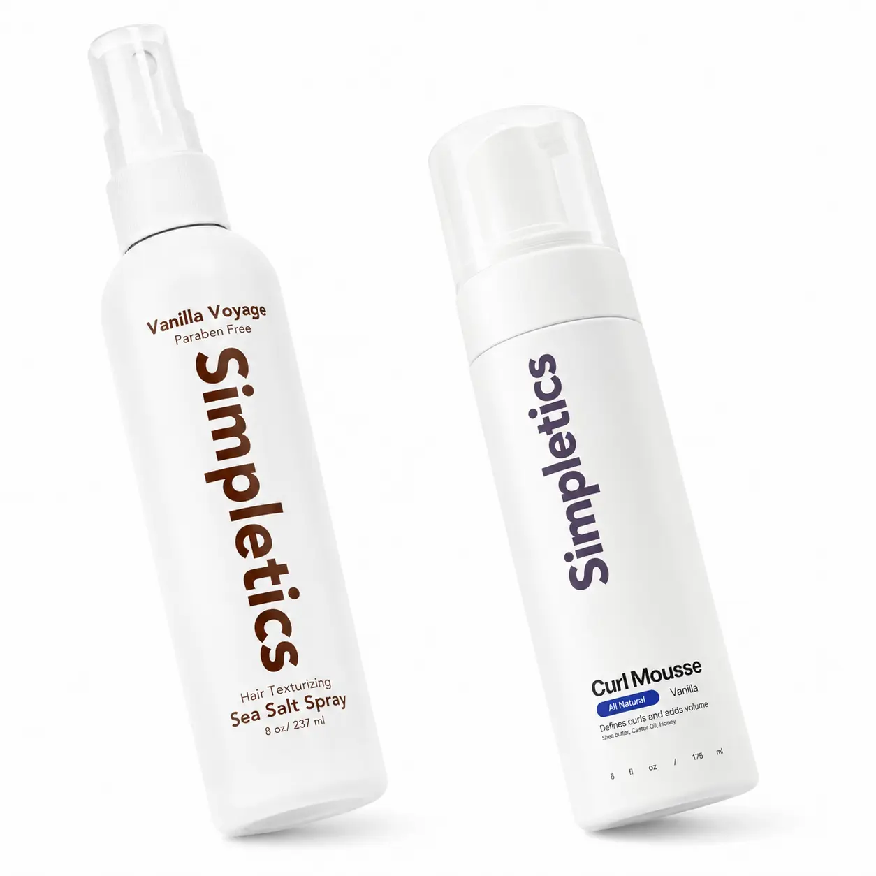 Simpletics Minimalist Curl Essentials Bundle - Sea Salt Spray & Mousse with Pure Minerals, Vanilla Scent, Non-Greasy Daily Haircare for Defined Curls, Beach Waves, Volume (Wavy/Curly/Coily Hair, Women)