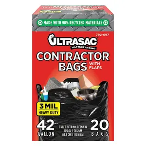 Ultrasac Ultrastrong Contractor Bags 42 Gallon 20 Pack with Flaps 3 Mil Heavy Duty Industrial Garbage Trashbags for Construction & Commercial Use Made in USA Eco-Friendly 90% Recycled Materials
