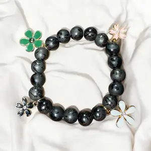 10mm Mixed Material Beaded Bracelet with Flower Charms, Beautiful Taupe Color