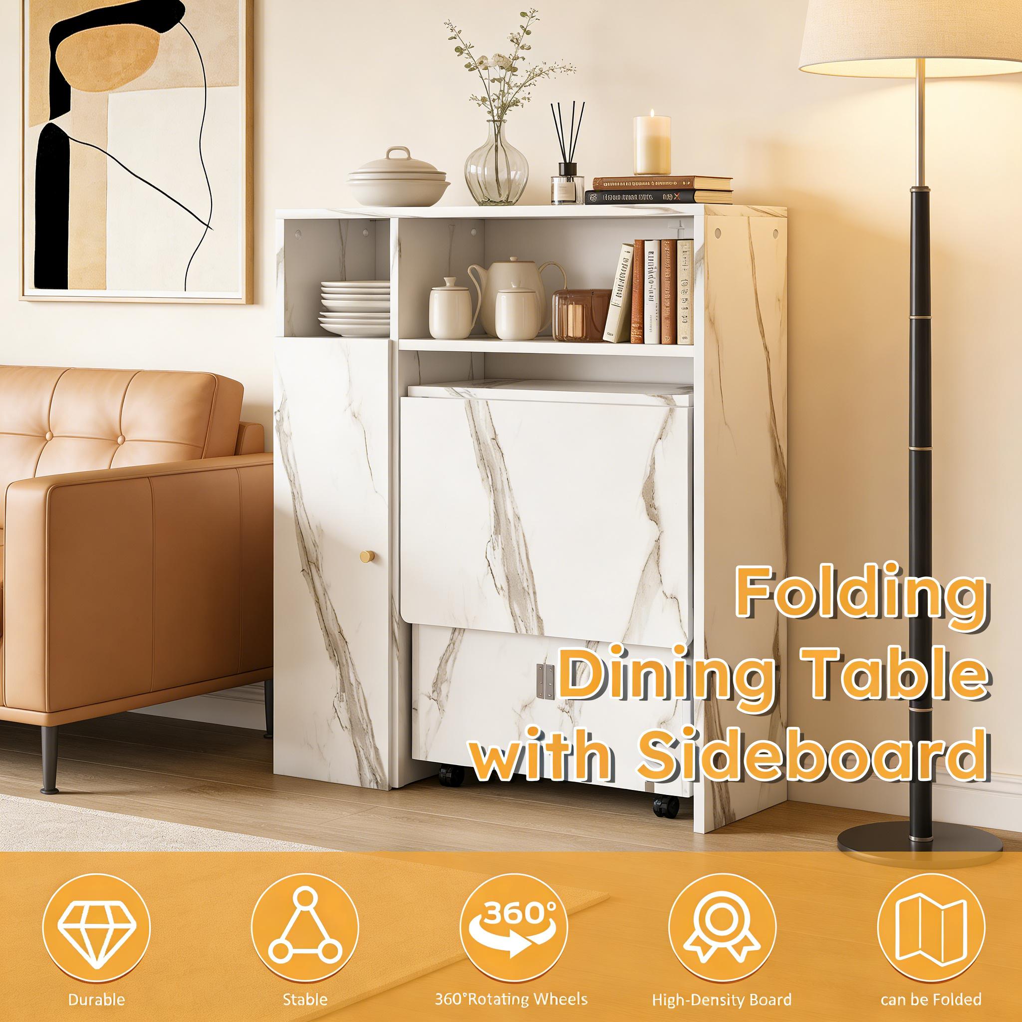Multifunctional Folding Dining Table with Wall-Mounted Sideboard & Storage for Small Apartments - Space-Saving Foldable Desk & Table, White, 4-in-1 Power Outlet + USB, Silent Wheels, Locking Mechanism, Eco-Friendly, Apartment Essentials