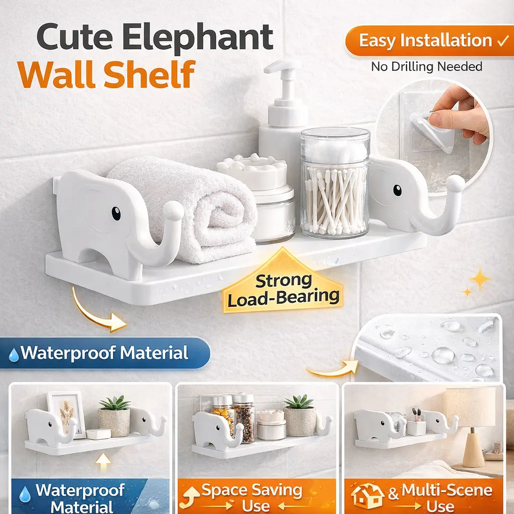 Multifunctional Elephant Shaped Storage Shelf with Wall Hook, Cute Home Goods Shelves for Bedroom Decor, Small White Home Decor Organizer (1PC, Elegant White)